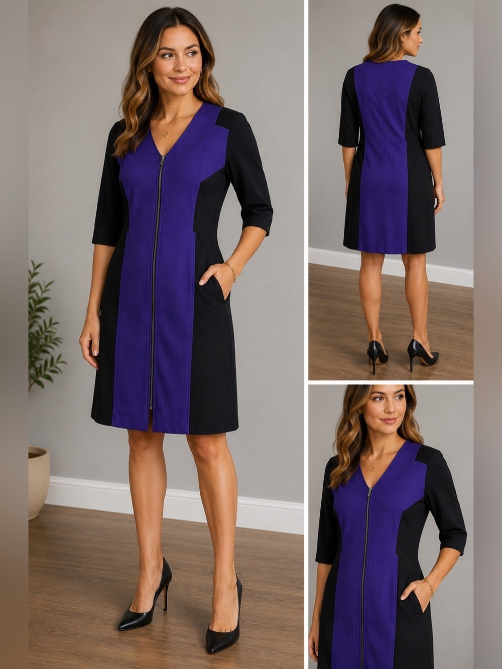 Etcetera Purple & Black Colorblock Zip Front Dress Size 12